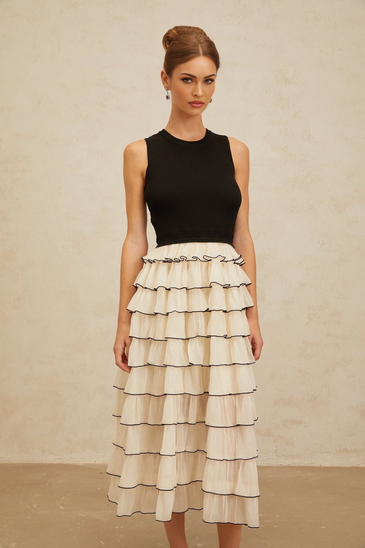 Mariah Midi Dress - Sleeveless - Round Neck - Contrast Colors - Ribbed Knit - Tulle Panelling