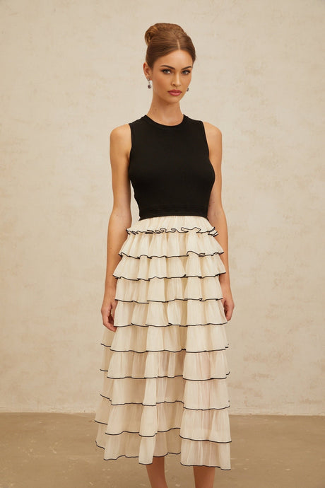 Mariah Midi Dress - Sleeveless - Round Neck - Contrast Colors - Ribbed Knit - Tulle Panelling