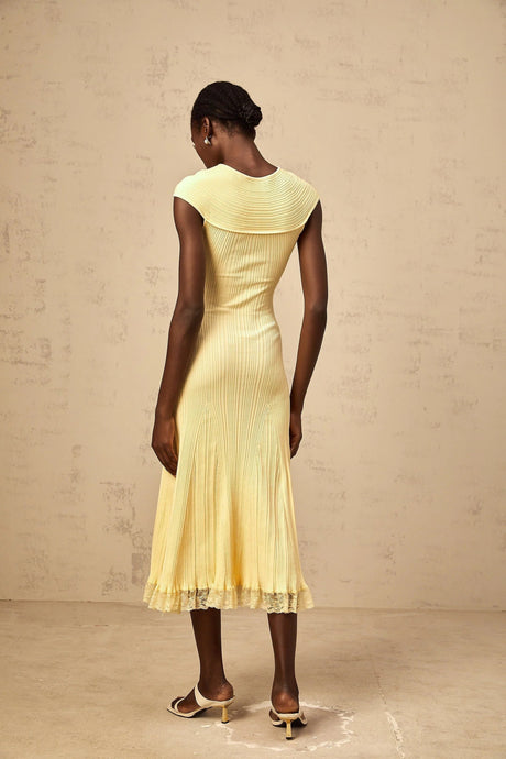 Mariah Midi Dress Yellow Lace Panel & Rib - Knit