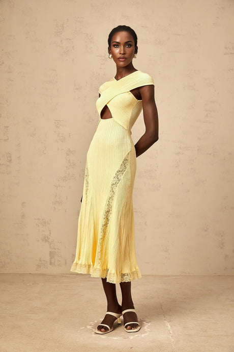 Mariah Midi Dress Yellow Lace Panel & Rib - Knit