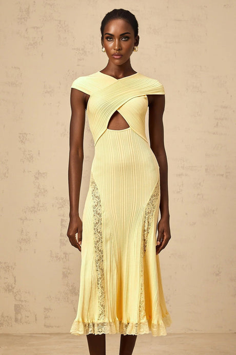 Mariah Midi Dress Yellow Lace Panel & Rib - Knit
