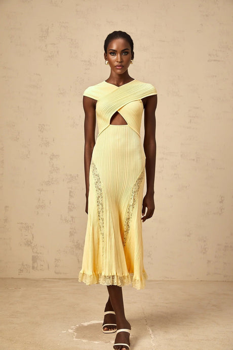 Mariah Midi Dress Yellow Lace Panel & Rib - Knit