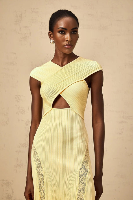 Mariah Midi Dress Yellow Lace Panel & Rib - Knit