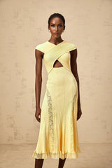 Mariah Midi Dress Yellow Lace Panel & Rib - Knit