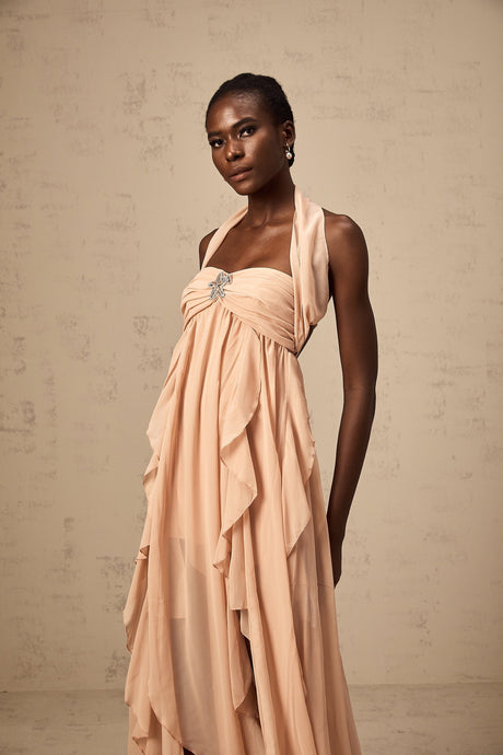 Mariah pink chiffon ruffle halter neck maxi dress