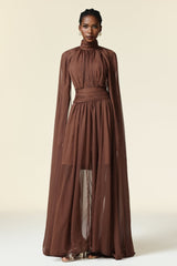 Mariangela Brown Maxi Dress High Neckline Long Sleeves Elegant