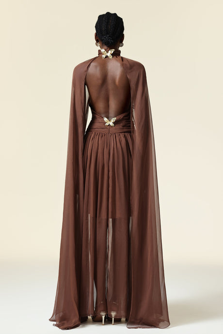 Mariangela Brown Maxi Dress with High Neckline and Intricate Bodice Detailing for Elegance and Style