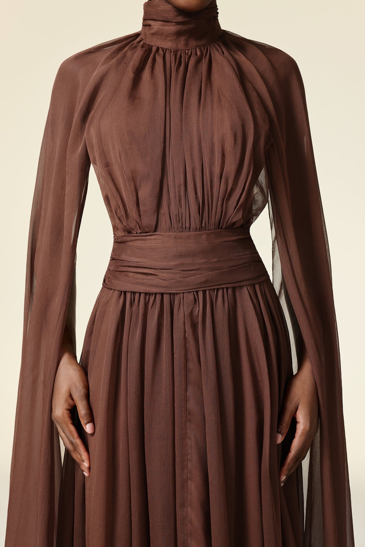 Mariangela Brown Maxi Dress with High Neckline and Intricate Bodice Detailing