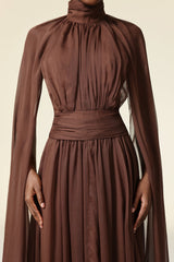 Mariangela Brown Maxi Dress with High Neckline and Intricate Bodice Detailing
