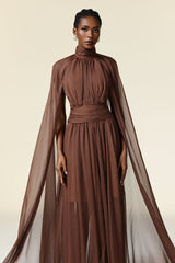 Mariangela Brown Maxi Dress Elegant High Neckline Long Sleeves