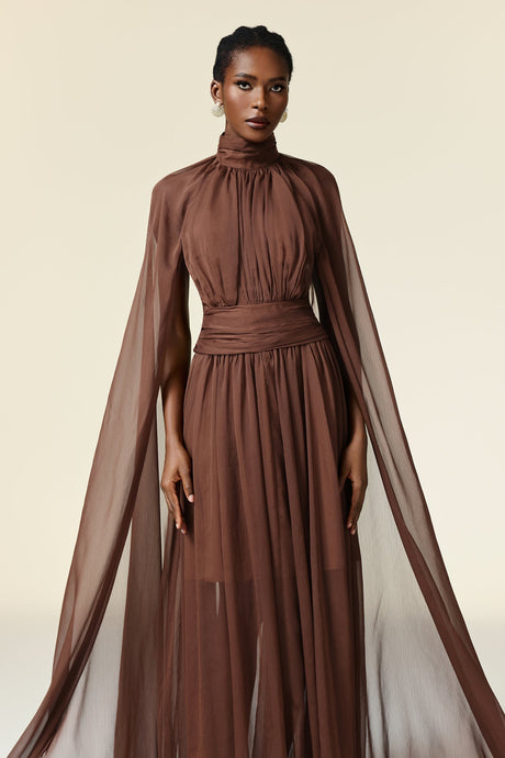 Mariangela Brown Maxi Dress Elegant High Neckline Long Sleeves