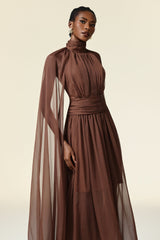 Mariangela Brown Maxi Dress High Neckline Elegant Silhouette Long Sleeves Formal Gatherings Lightweight Breathable Luxurious Texture Flattering Fit Confidence Poise