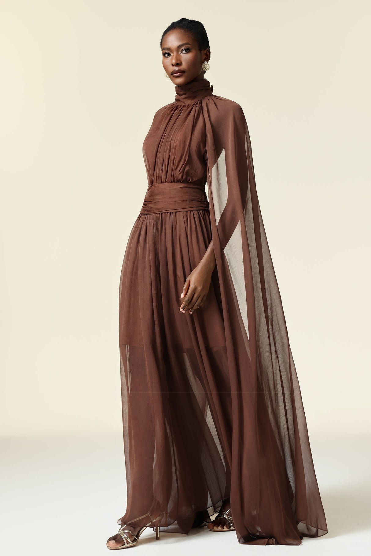 Mariangela Brown Maxi Dress High Neckline Elegant Style Long Sleeves Formal Gatherings