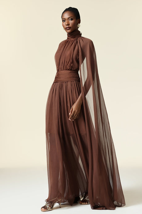 Mariangela Brown Maxi Dress High Neckline Elegant Style Long Sleeves Formal Gatherings