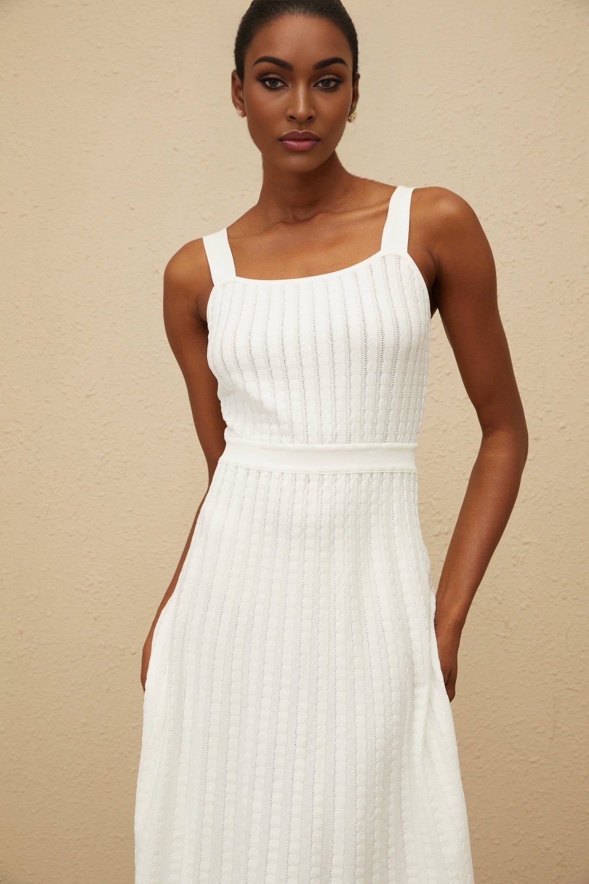 Mariangela Knit Dress - Square Neck - Sleeveless - Fitted Waistline - Ribbed Knit - Scallop Hem