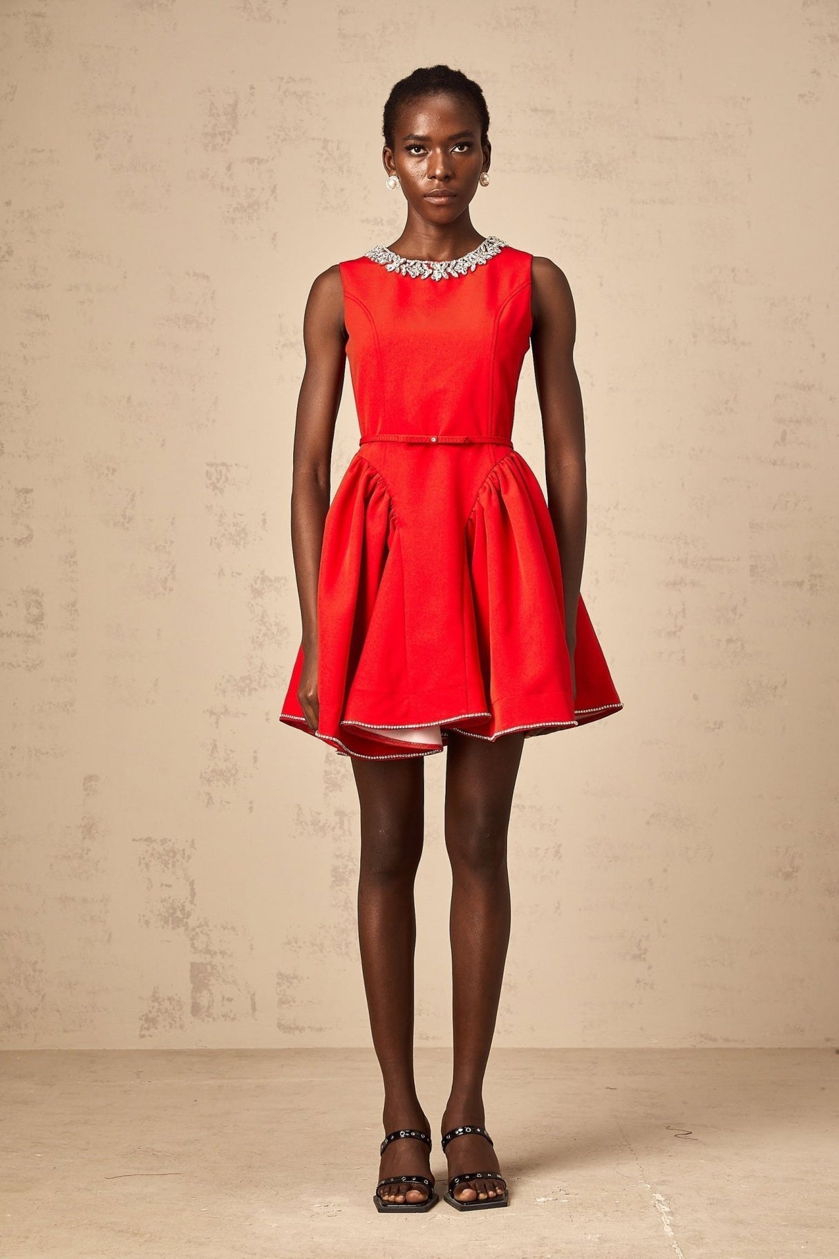 Mariangela Mini Dress Red Crystal Pleated Thigh Length