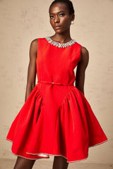 Mariangela Mini Dress Red Crystal Pleated Thigh Length