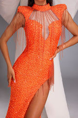 Mariangela Orange Sequin Maxi Dress with High Slit and Tassel Accents
