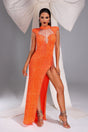 Mariangela Orange Sequin Maxi Dress with High Slit and Tassel Accents