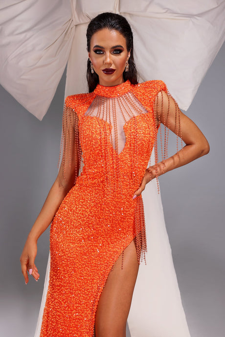 Mariangela Orange Sequin Maxi Dress with High Slit and Tassel Accents