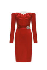 Mariangela Red Off-Shoulder Ruched Dress with Brooch Embellishment