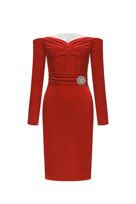 Mariangela Red Off-Shoulder Ruched Dress with Brooch Embellishment