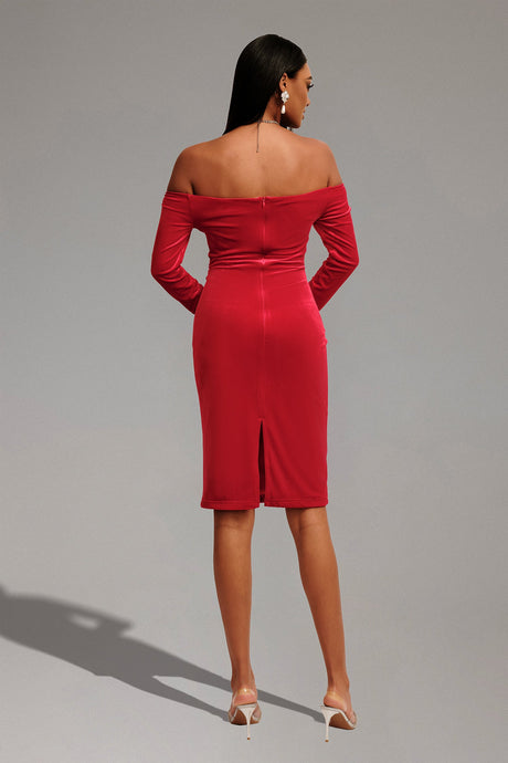 Mariangela Red Off-Shoulder Ruched Dress with Brooch Embellishment