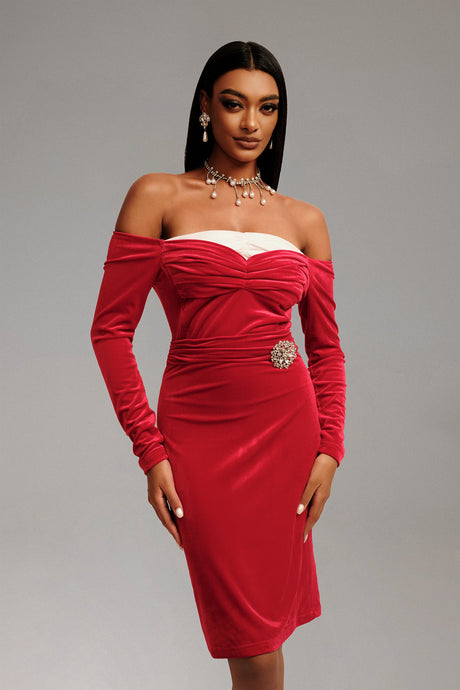 Mariangela Red Off-Shoulder Ruched Dress with Brooch Embellishment