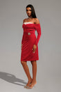 Mariangela Red Off-Shoulder Ruched Dress with Brooch Embellishment