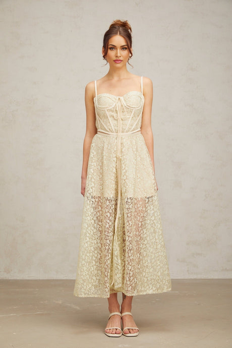 Marianna Floral Midi Dress - Light Green Cut - Out Design with Sleeveless Feature