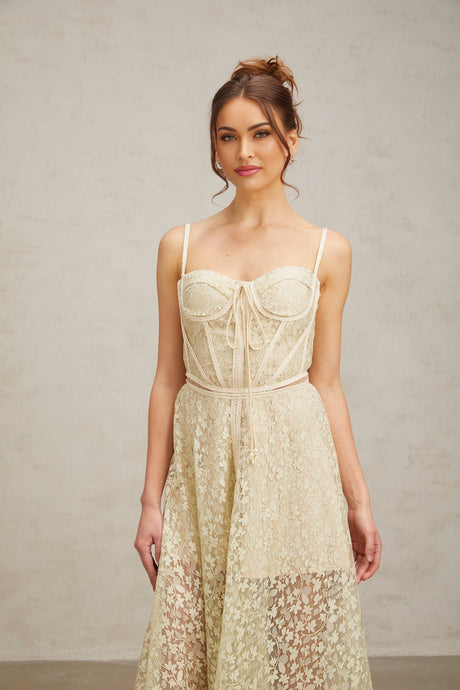 Marianna Floral Midi Dress - Light Green Cut - Out Design with Sleeveless Feature