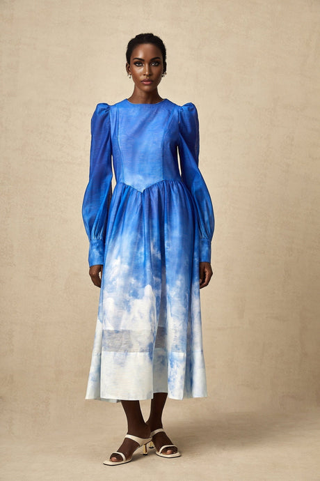Marianna Midi Dress Blue Gradient Puff Sleeve Pleated Skirt