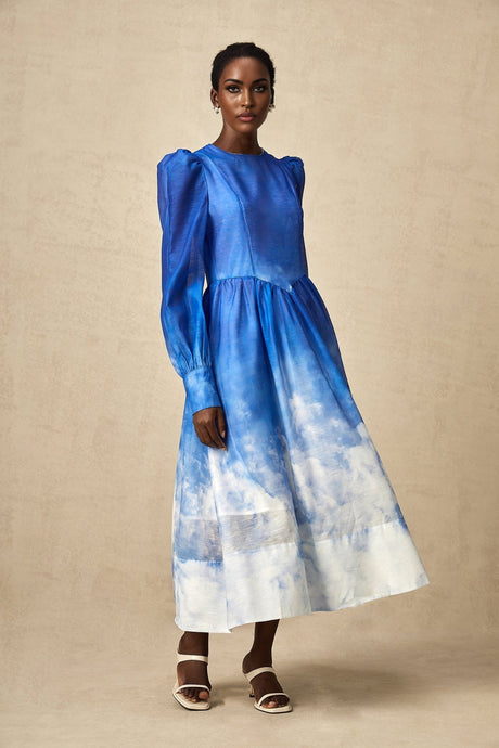 Marianna Midi Dress Blue Gradient Puff Sleeve Pleated Skirt