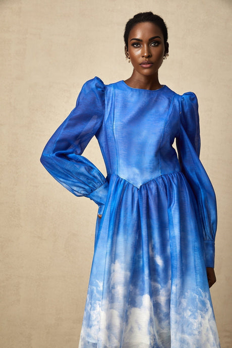 Marianna Midi Dress Blue Gradient Puff Sleeve Pleated Skirt