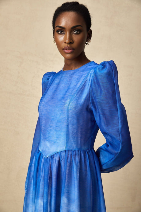 Marianna Midi Dress Blue Gradient Puff Sleeve Pleated Skirt
