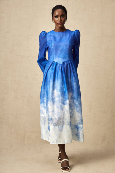 Marianna Midi Dress Blue Gradient Puff Sleeve Pleated Skirt