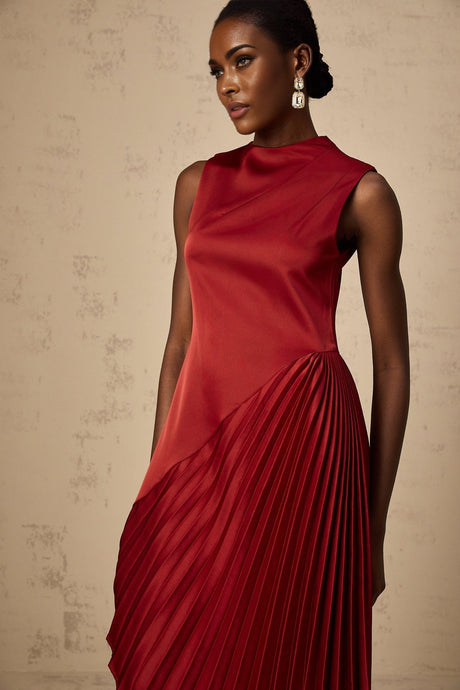 Marianna Midi Dress Wine Red Asymmetric Pleated