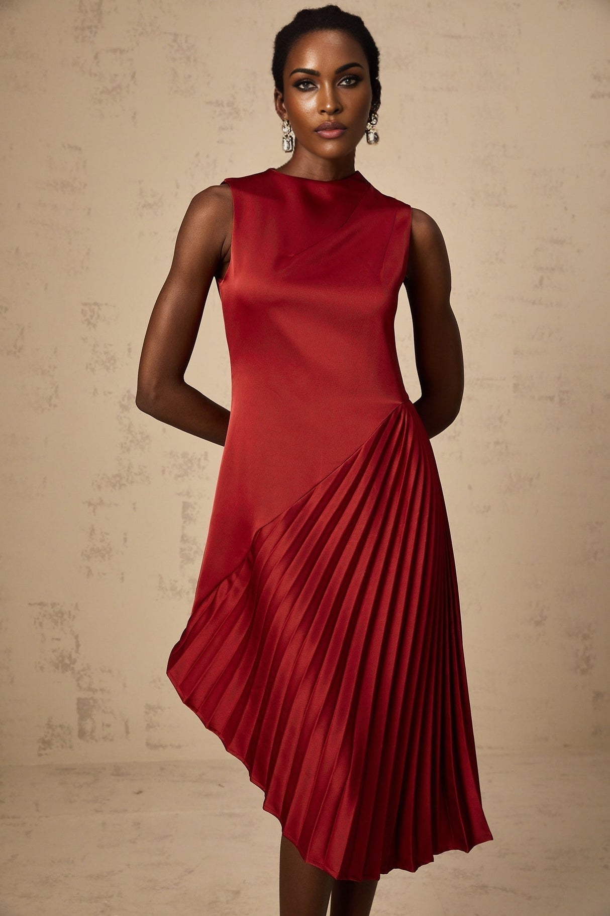 Marianna Midi Dress Wine Red Asymmetric Pleated