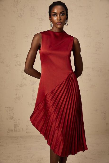 Marianna Midi Dress Wine Red Asymmetric Pleated