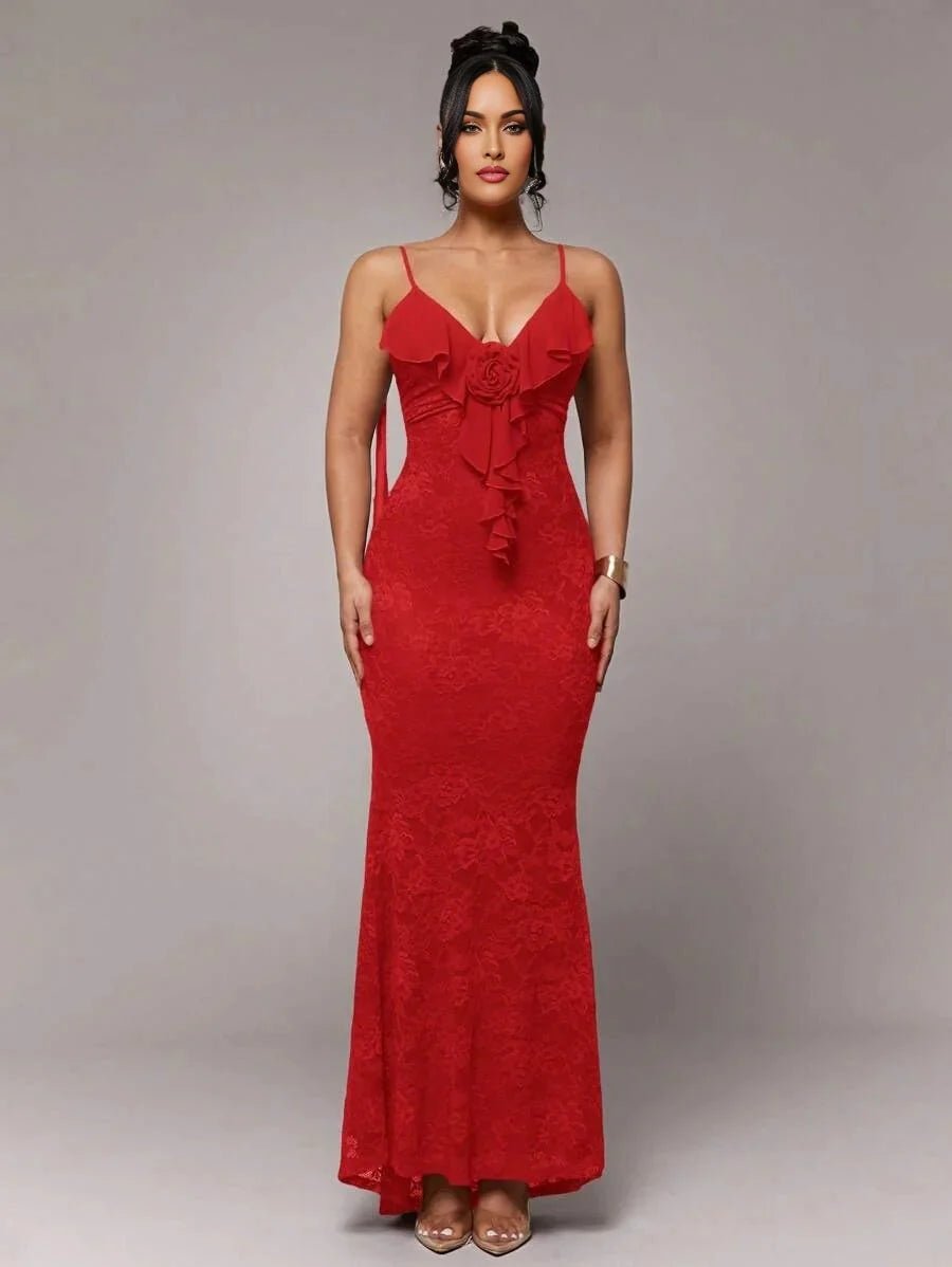 Mariarosa Maxi Dress - Formal & Evening Occasion - Refined Style - Sleeveless Length - Slim Fit - Lace Material - Neckline Spaghetti Strap