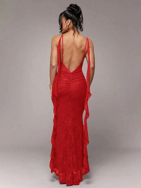 Mariarosa Maxi Dress - Formal & Evening Occasion - Refined Style - Sleeveless Length - Slim Fit - Lace Material - Neckline Spaghetti Strap