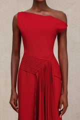 Mariarosa Red Asymmetrical Neckline Dress for Women Formal Occasions Weddings Galas Elegant Night Out Midi Length