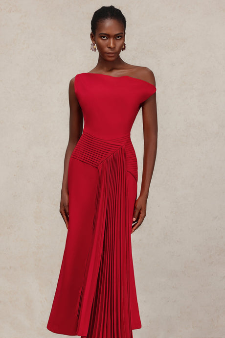 Mariarosa Red Asymmetrical Neckline Dress for Women Formal Events