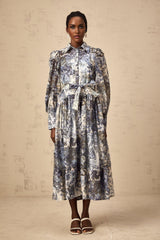 Mariateresa Floral Midi Dress in Blue with Long Puff Sleeves & SelfTie Design
