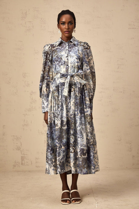 Mariateresa Floral Midi Dress in Blue with Long Puff Sleeves & SelfTie Design