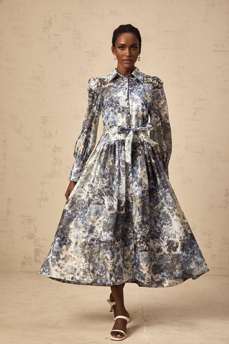 Mariateresa Floral Midi Dress in Blue with Long Puff Sleeves & SelfTie Design