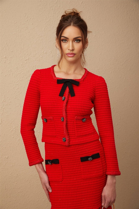Mariateresa Jacket & Skirt Red Braided Waffle Knit Set