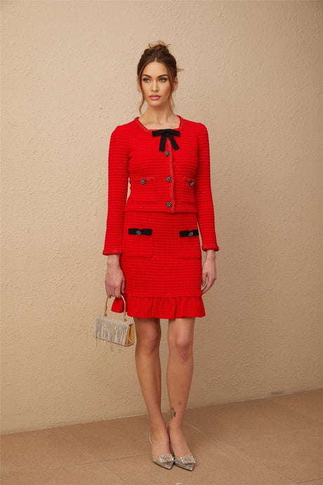 Mariateresa Jacket & Skirt Red Braided Waffle Knit Set