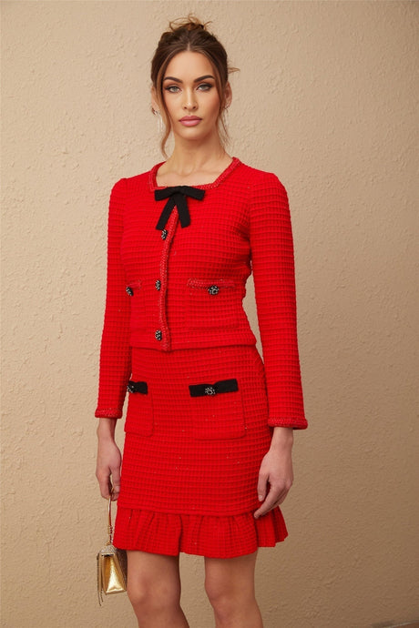 Mariateresa Jacket & Skirt Red Braided Waffle Knit Set