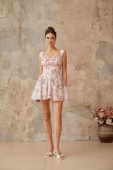 Mariateresa Mini Dress Pink Floral Ruffled Trim Open - Back Tie Fastening